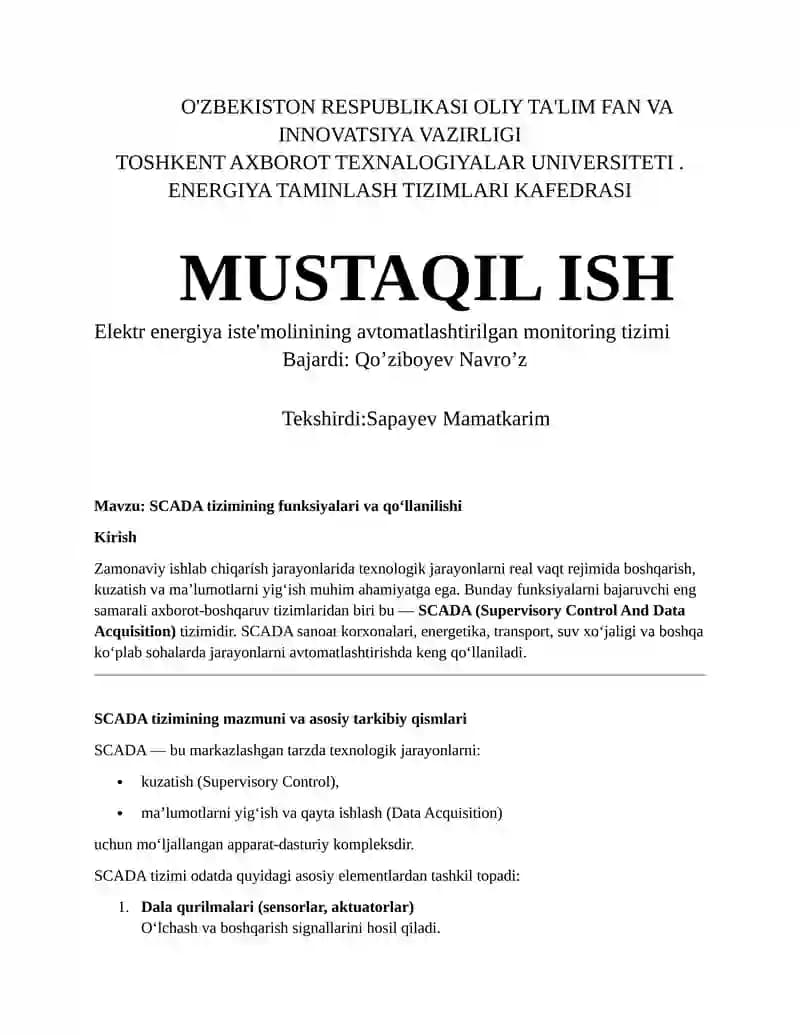 SCADA tizimining funksiyalari va qo‘llanilishi