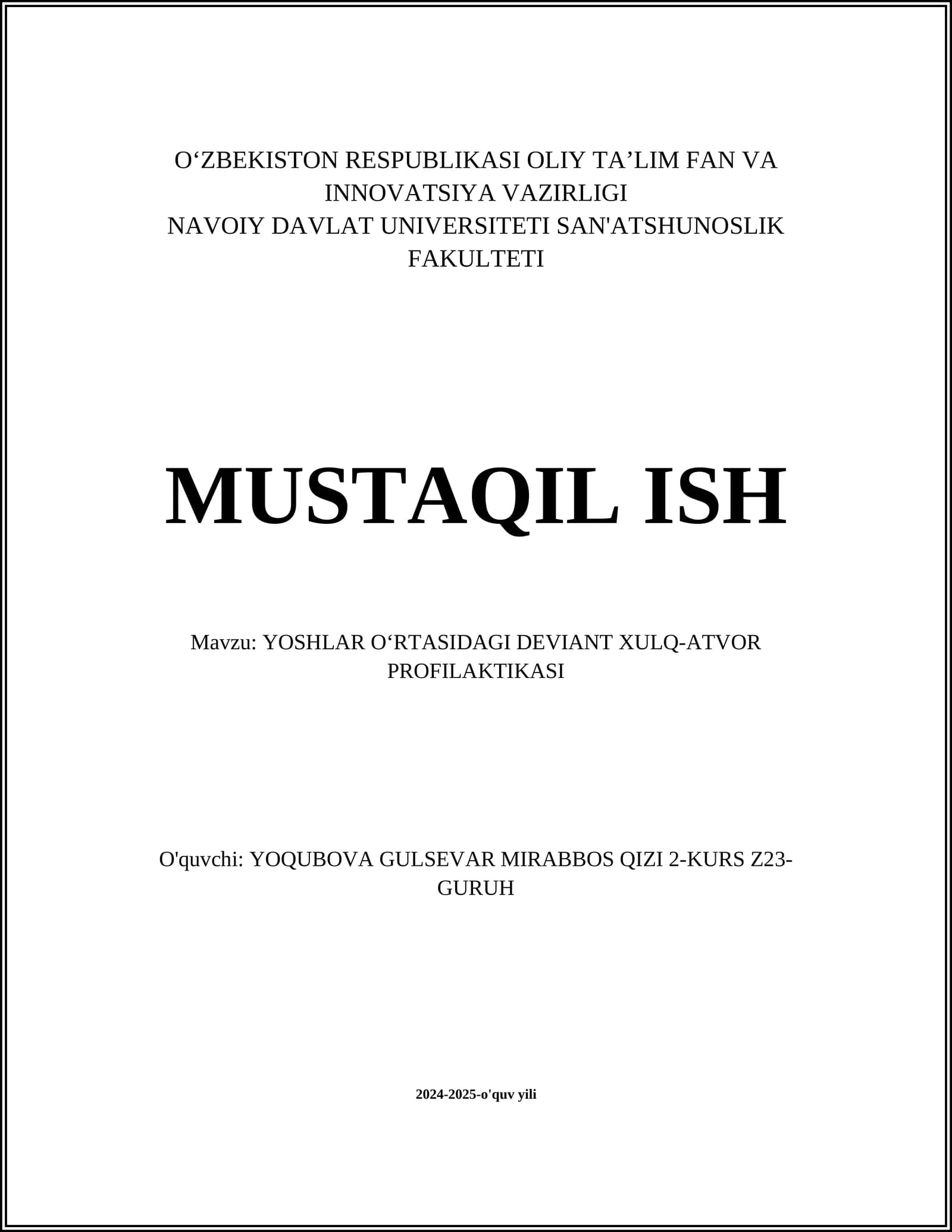 YOSHLAR OʻRTASIDAGI DEVIANT XULQ-ATVOR PROFILAKTIKASI