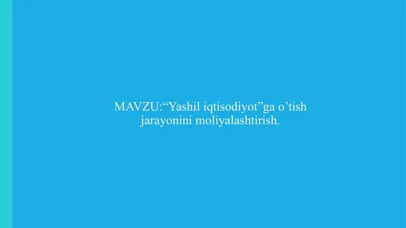 “Yashil iqtisodiyot”ga o’tish jarayonini moliyalashtirish.