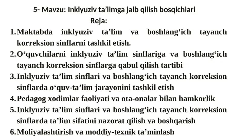 Inklyuziv ta’lim sinflari va boshlang‘ich tayanch korreksion sinflarda o‘quv-ta’lim jarayonini tashkil etish