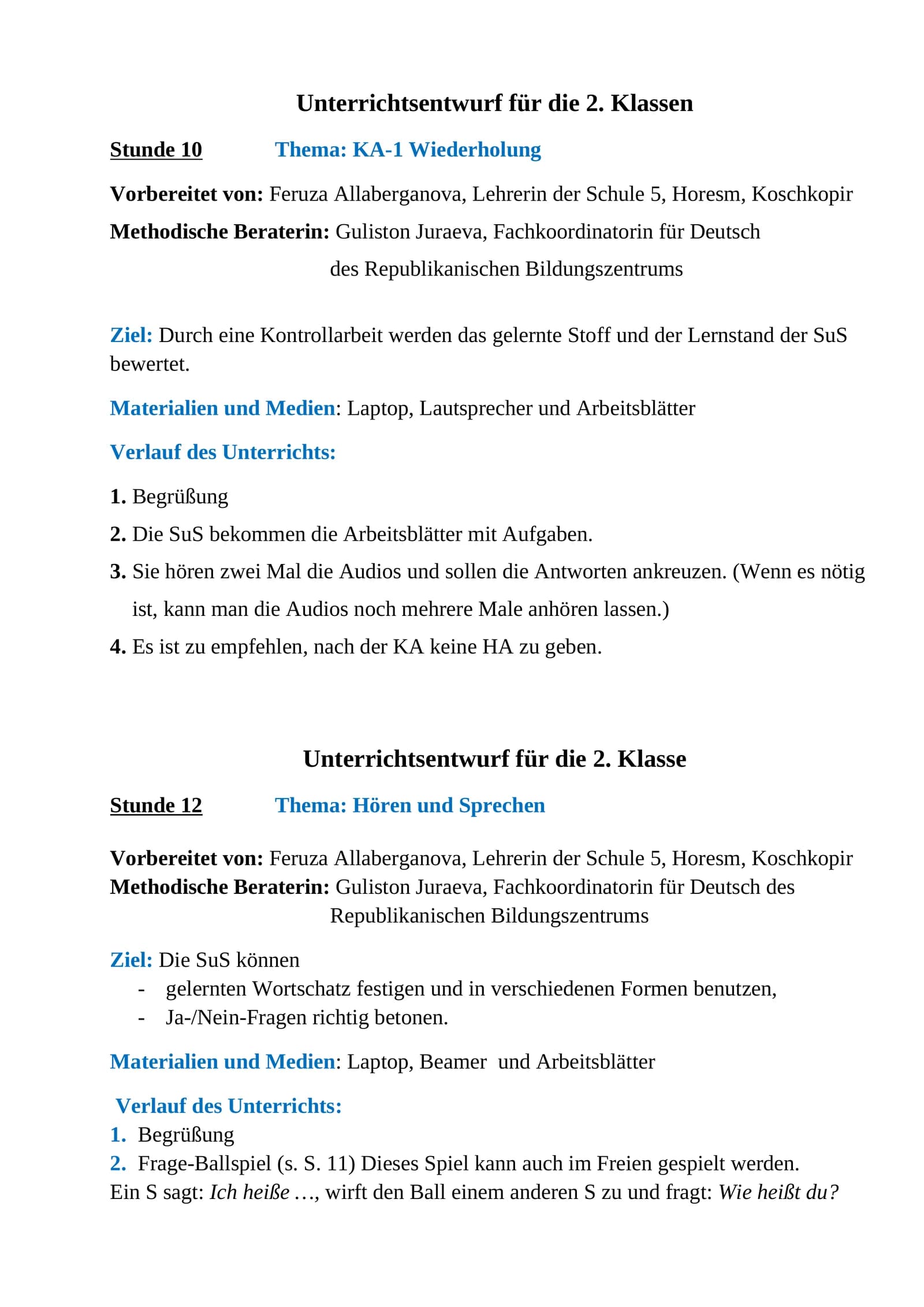 Unterrichtsentwurf für die 2. Klassen