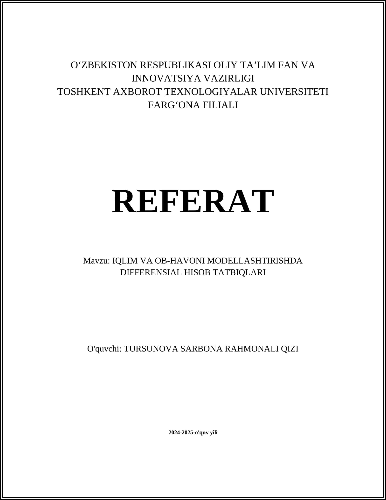 IQLIM VA OB-HAVONI MODELLASHTIRISHDA DIFFERENSIAL HISOB TATBIQLARI