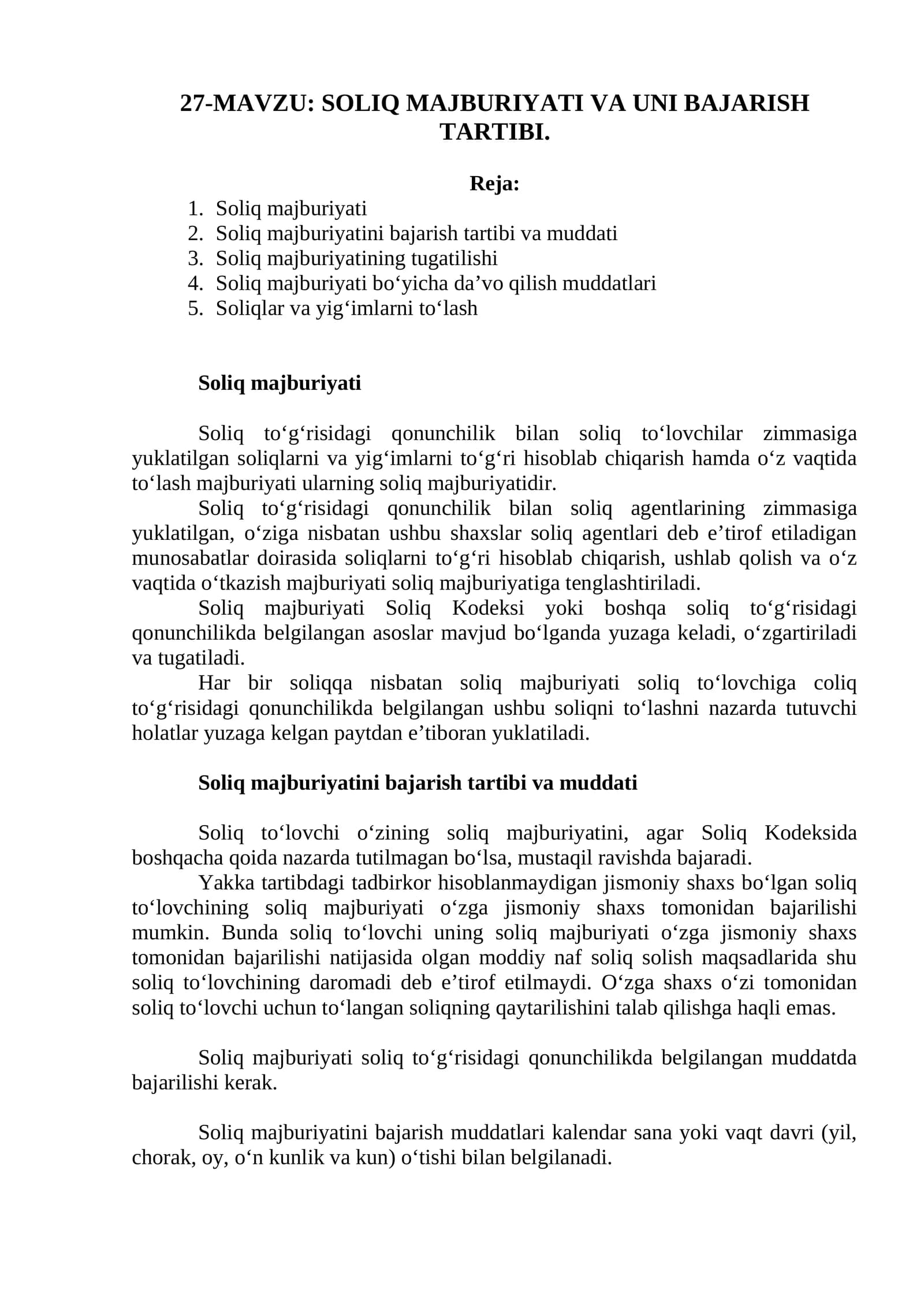 SOLIQ MAJBURIYATI VA UNI BAJARISH TARTIBI