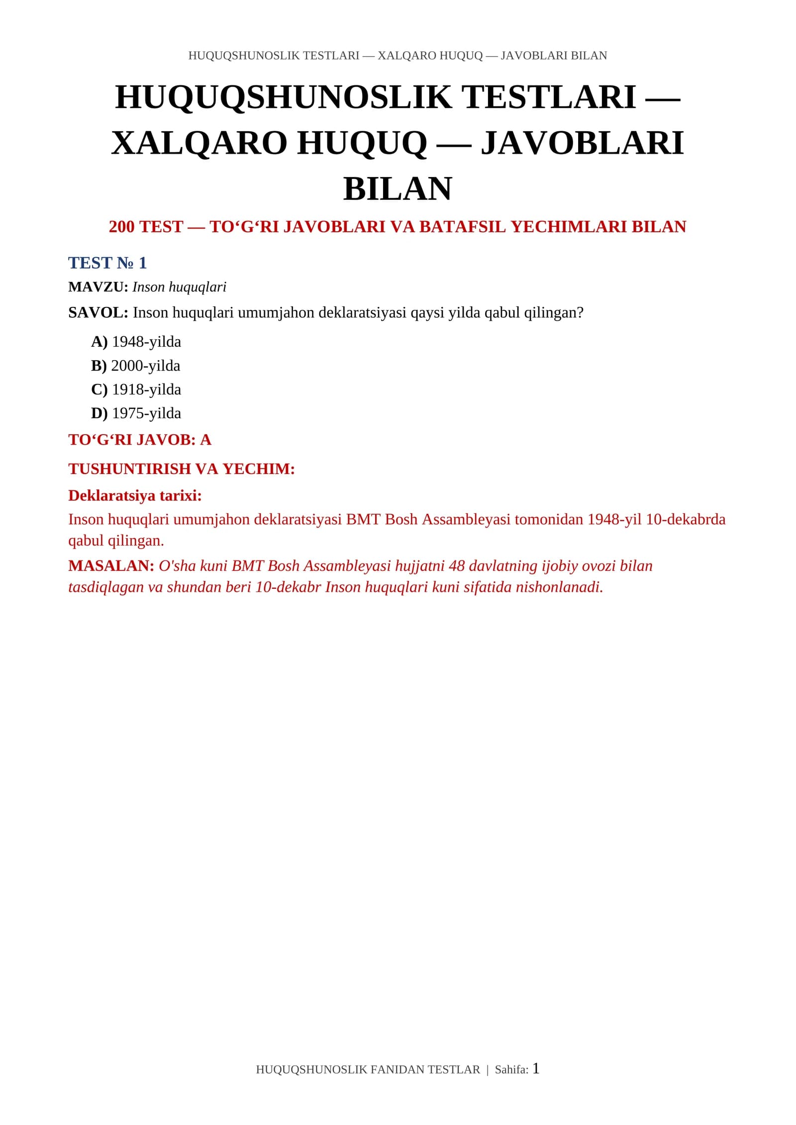 HUQUQSHUNOSLIK TESTLARI — XALQARO HUQUQ — JAVOBLARI BILAN