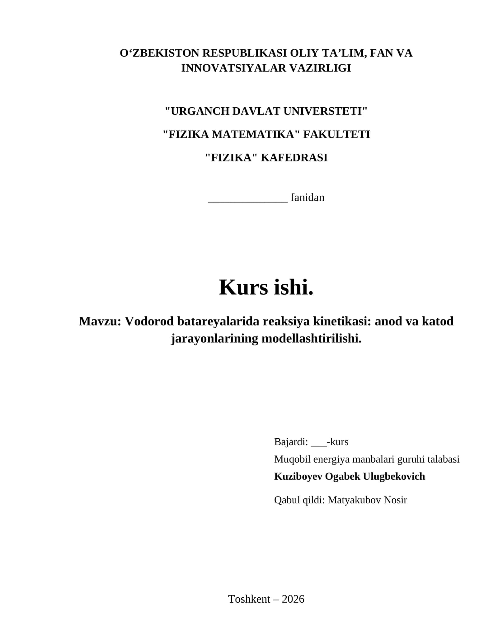 Vodorod batareyalarida reaksiya kinetikasi: anod va katod jarayonlarining modellashtirilishi.