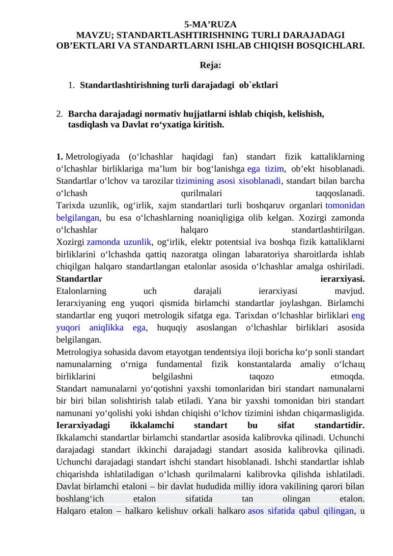 Standartlashtirishning turli darajadagi ob'ektlari va standartlarni ishlab chiqish bosqichlari