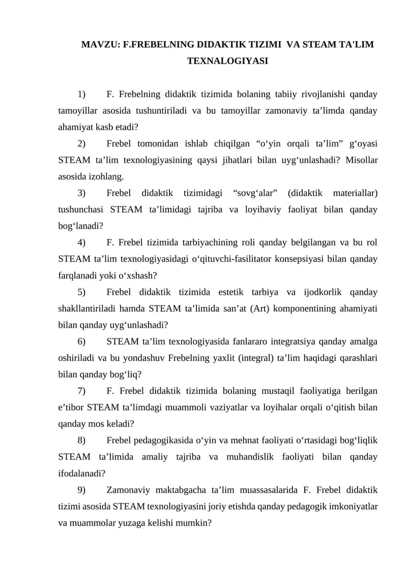 F.FREBELNING DIDAKTIK TIZIMI VA STEAM TA'LIM TEXNALOGIYASI