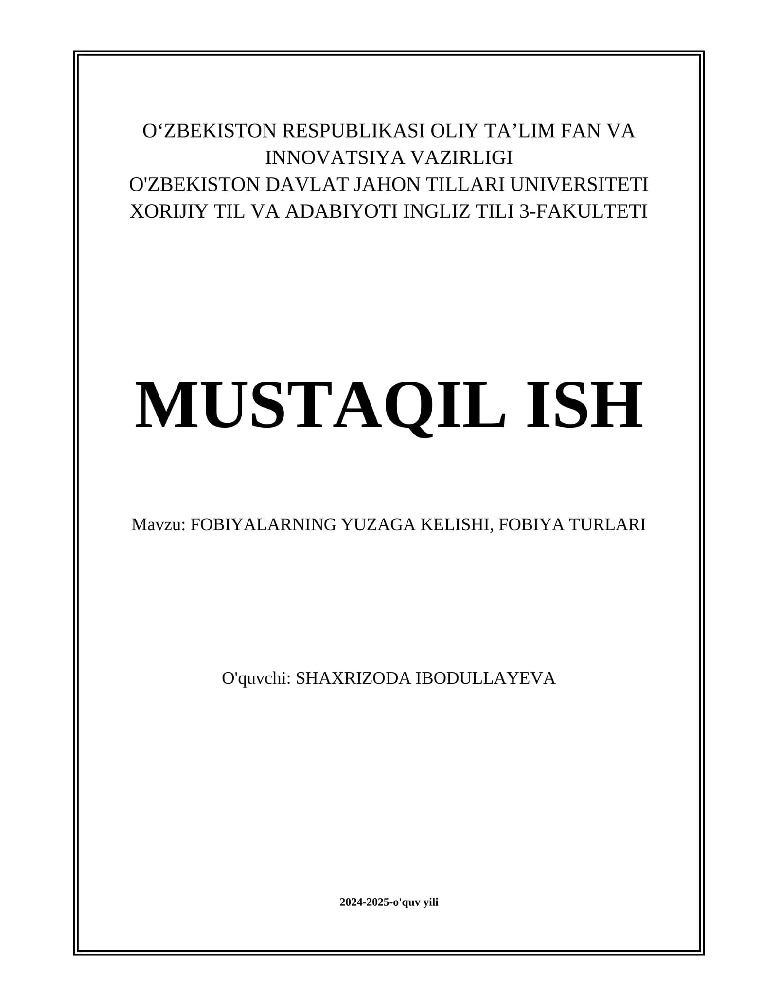 FOBIYALARNING YUZAGA KELISHI, FOBIYA TURLARI