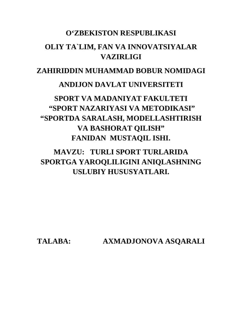 SPORTDA SARALASH, MODELLASHTIRISH VA BASHORAT QILISH