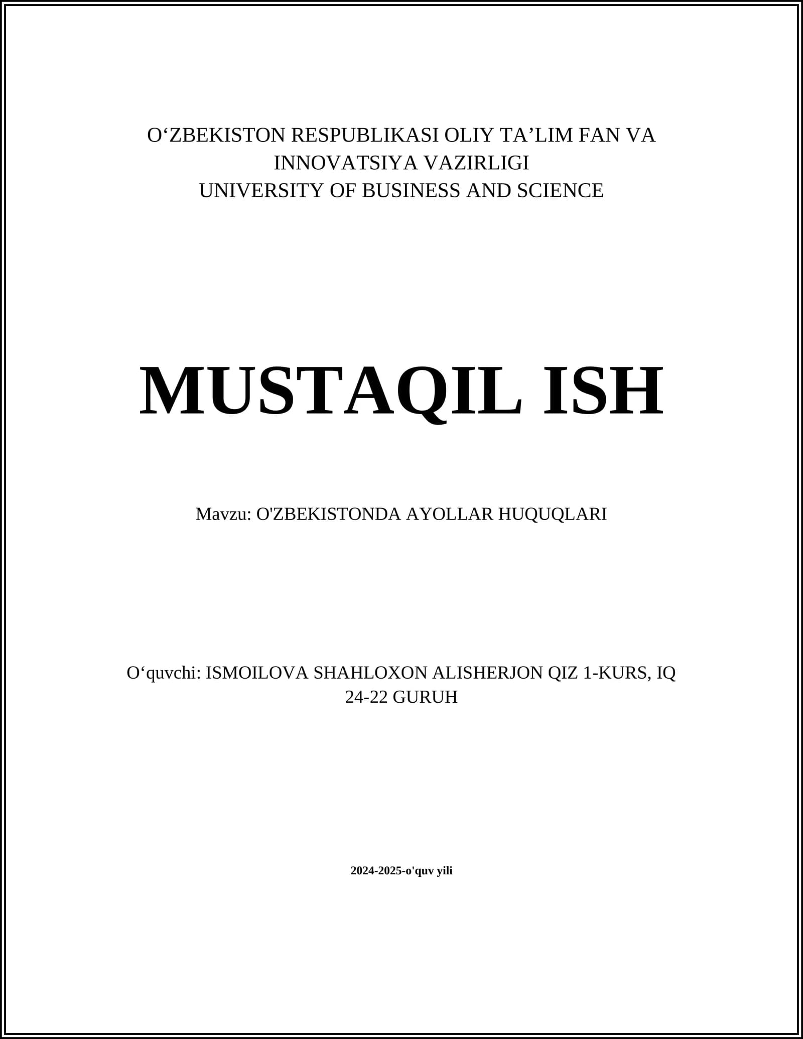 O'ZBEKISTONDA AYOLLAR HUQUQLARI