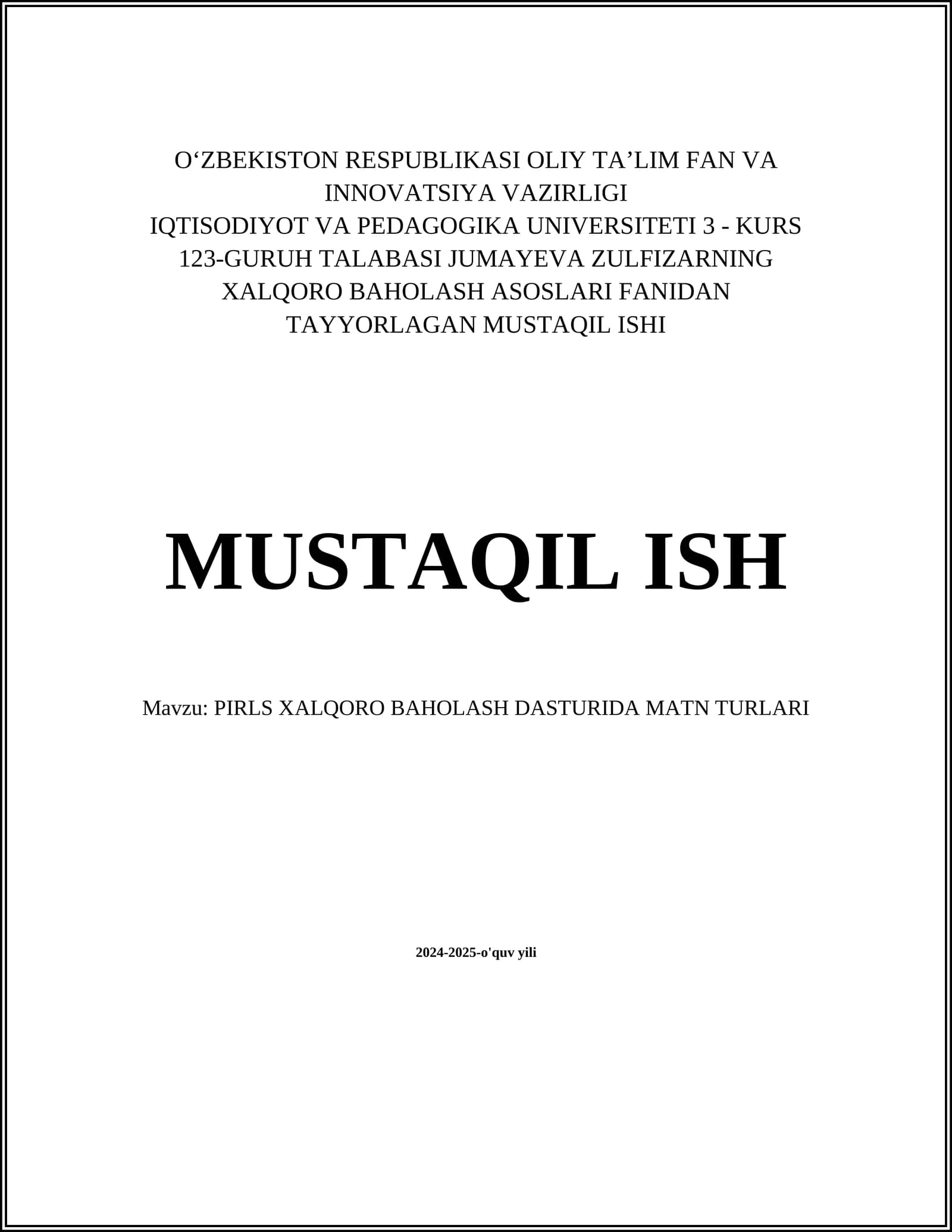 PIRLS XALQORO BAHOLASH DASTURIDA MATN TURLARI