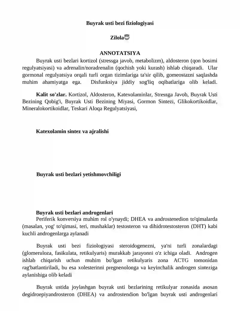 Buyrak usti bezi fiziologiyasi