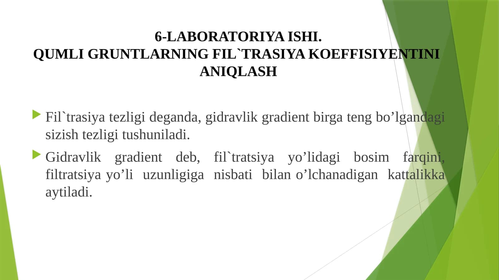 6-LABОRATОRIYA ISHI.QUMLI GRUNTLARNING FIL`TRASIYA KОЕFFISIYЕNTINI ANIQLASH