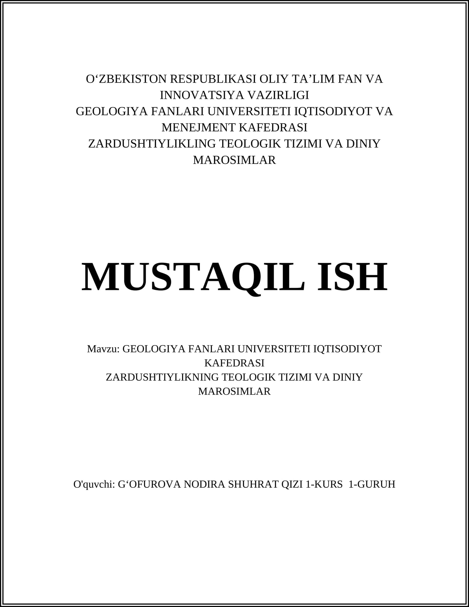 GEOLOGIYA FANLARI UNIVERSITETI IQTISODIYOT KAFEDRASI