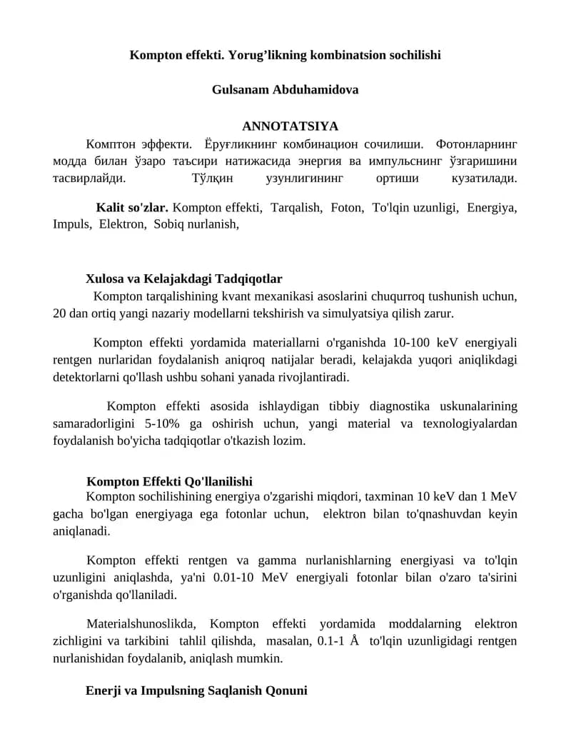 Kompton effekti. Yorug’likning kombinatsion sochilishi