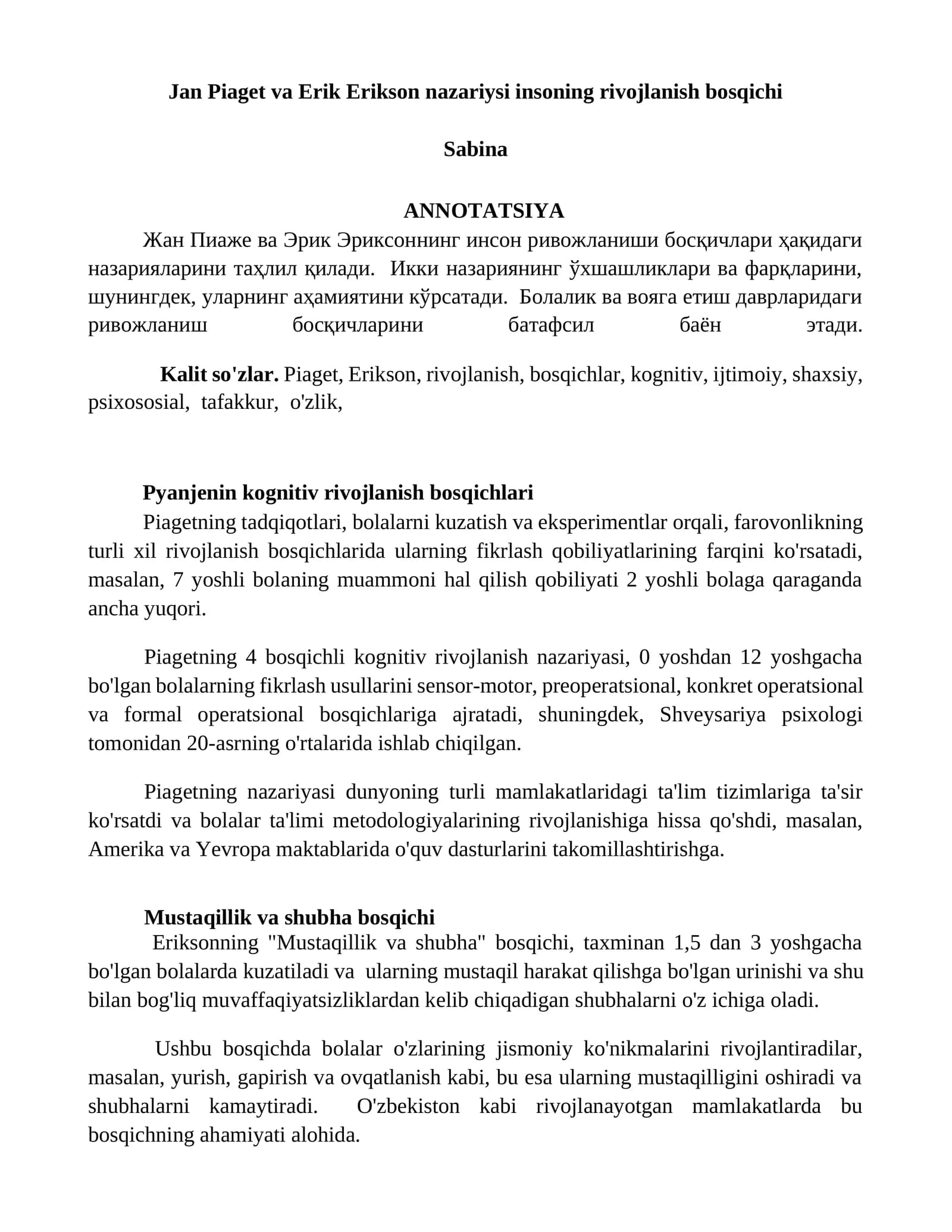 Jan Piaget va Erik Erikson nazariysi insoning rivojlanish bosqichi