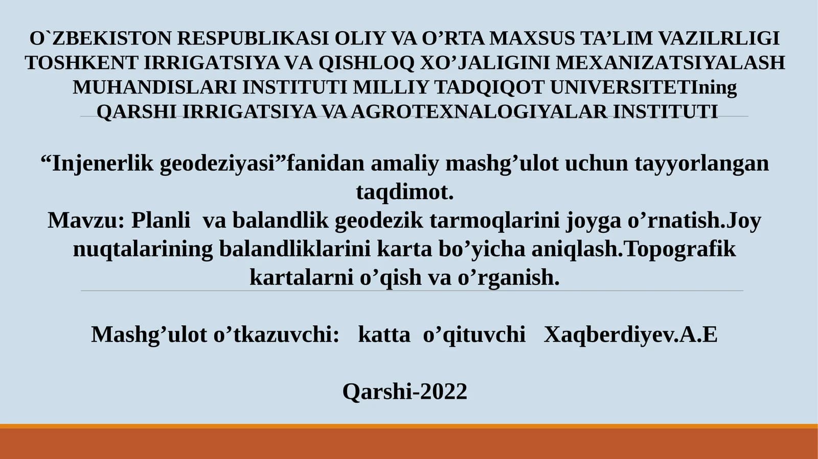 Injenerlik geodeziyasi fanidan amaliy mashg'ulot uchun taqdimot