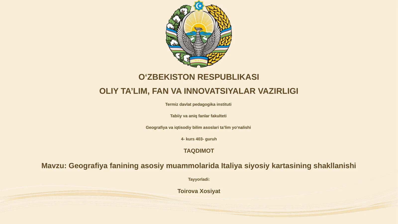 Geografiya fanining asosiy muammolarida Italiya siyosiy kartasining shakllanishi