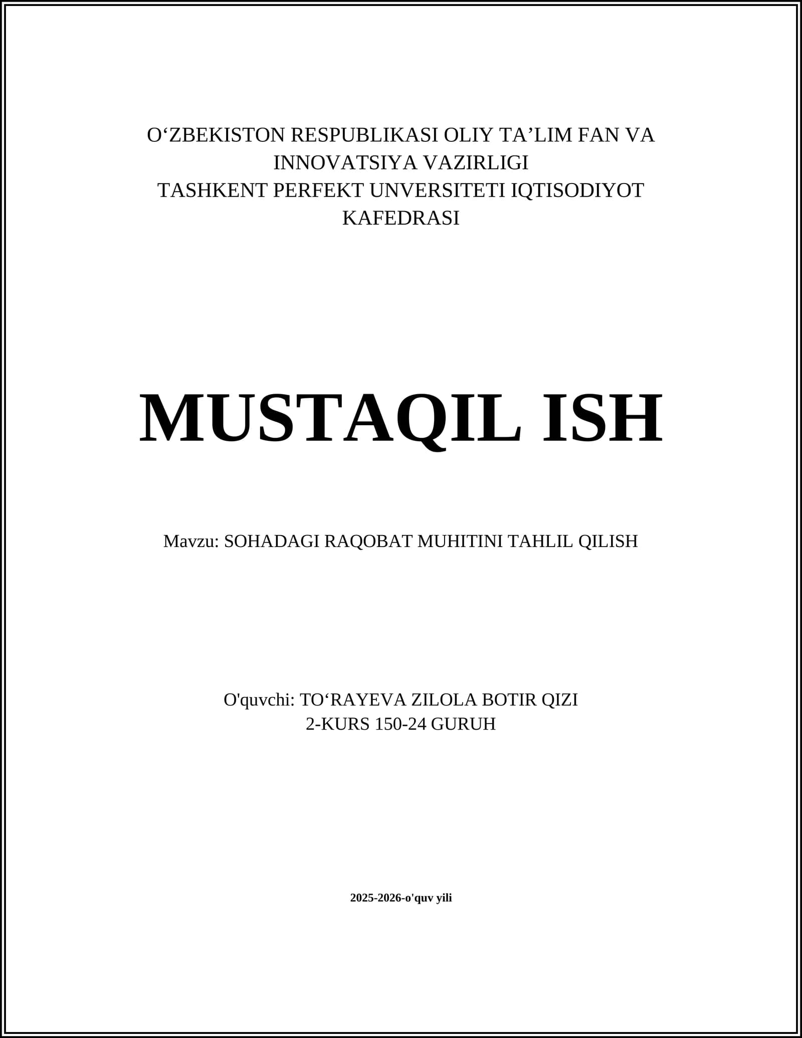 SOHADAGI RAQOBAT MUHITINI TAHLIL QILISH
