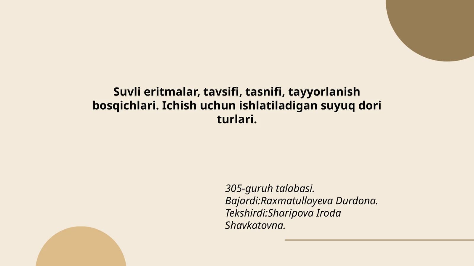 Suvli eritmalar, tavsifi, tasnifi, tayyorlanish bosqichlari. Ichish uchun ishlatiladigan suyuq dori turlari