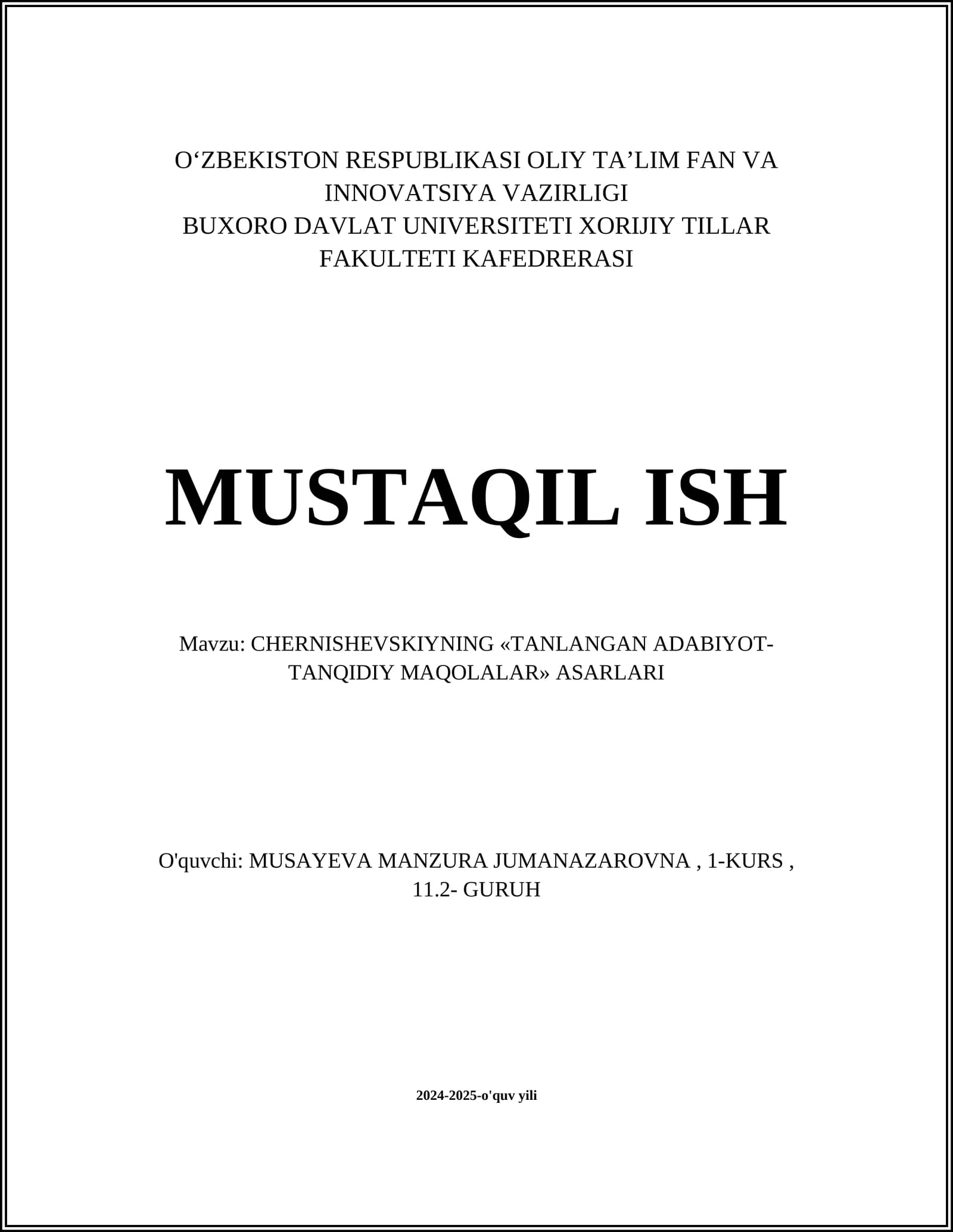 CHERNISHEVSKIYNING «TANLANGAN ADABIYOT-TANQIDIY MAQOLALAR» ASARLARI