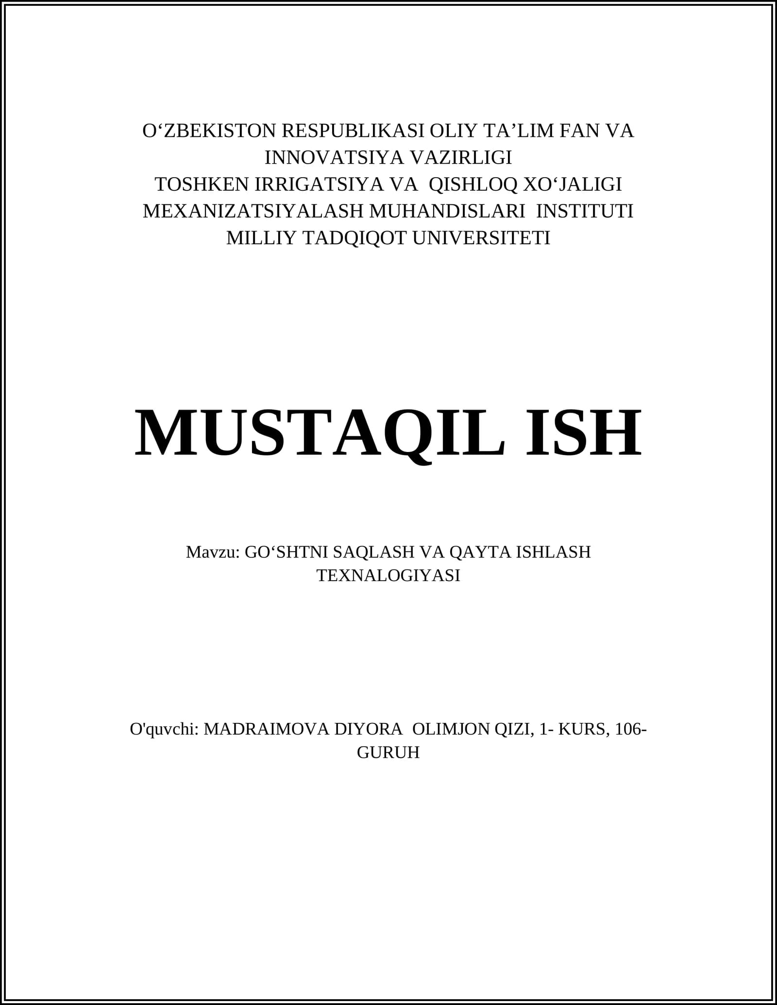 GOʻSHTNI SAQLASH VA QAYTA ISHLASH TEXNALOGIYASI