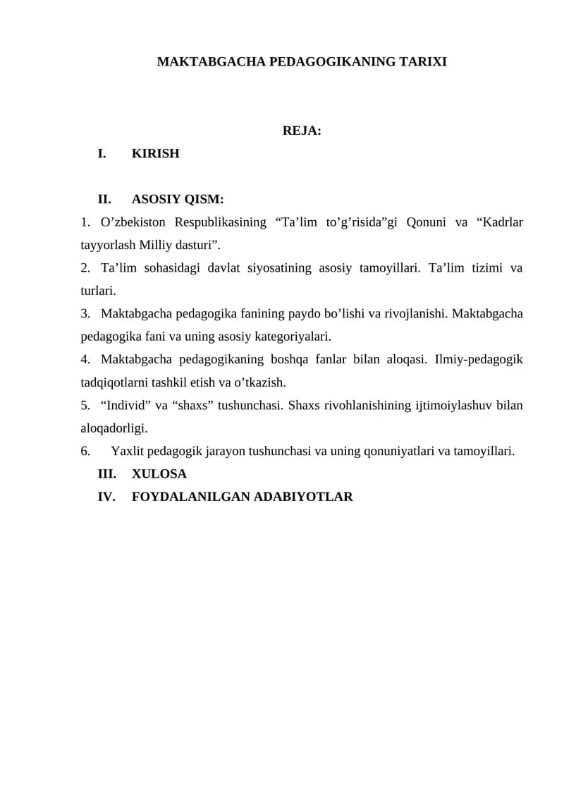MAKTABGACHA PEDAGOGIKANING TARIXI