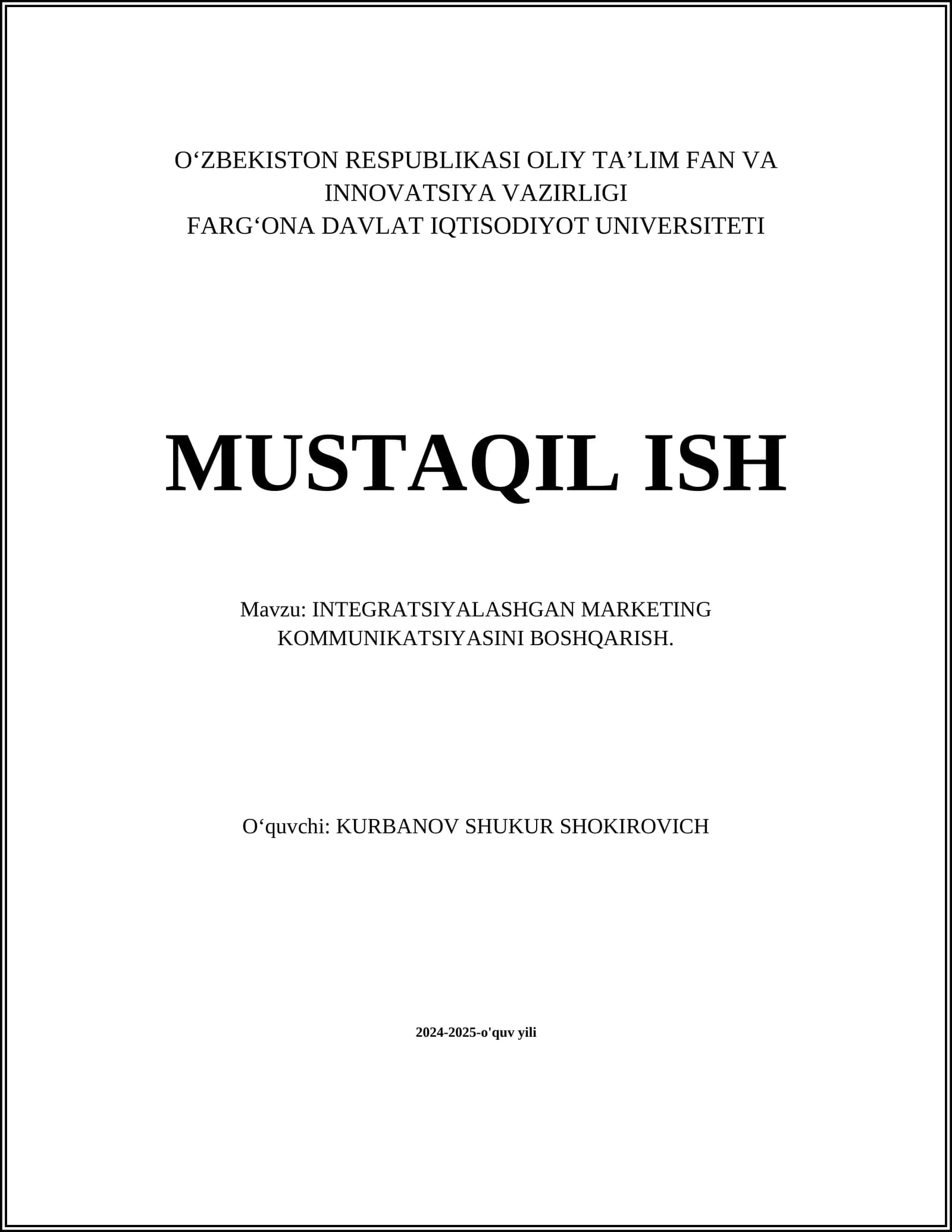 INTEGRATSIYALASHGAN MARKETING KOMMUNIKATSIYASINI BOSHQARISH