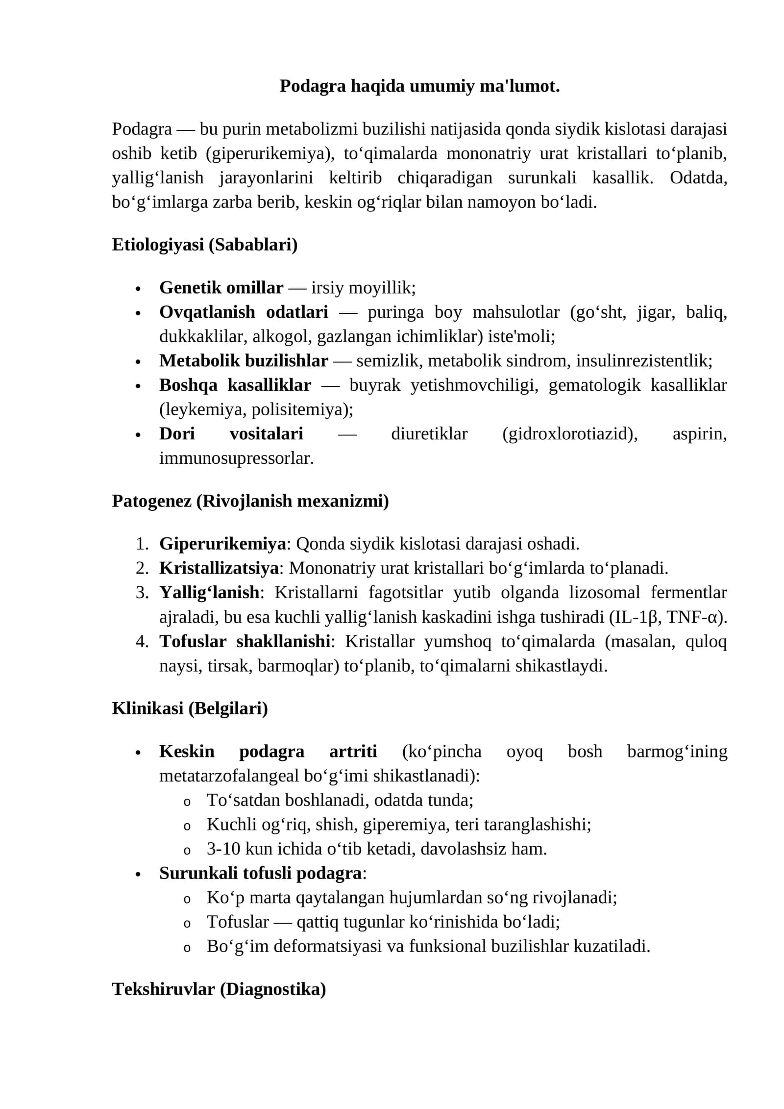 Podagra haqida umumiy ma'lumot