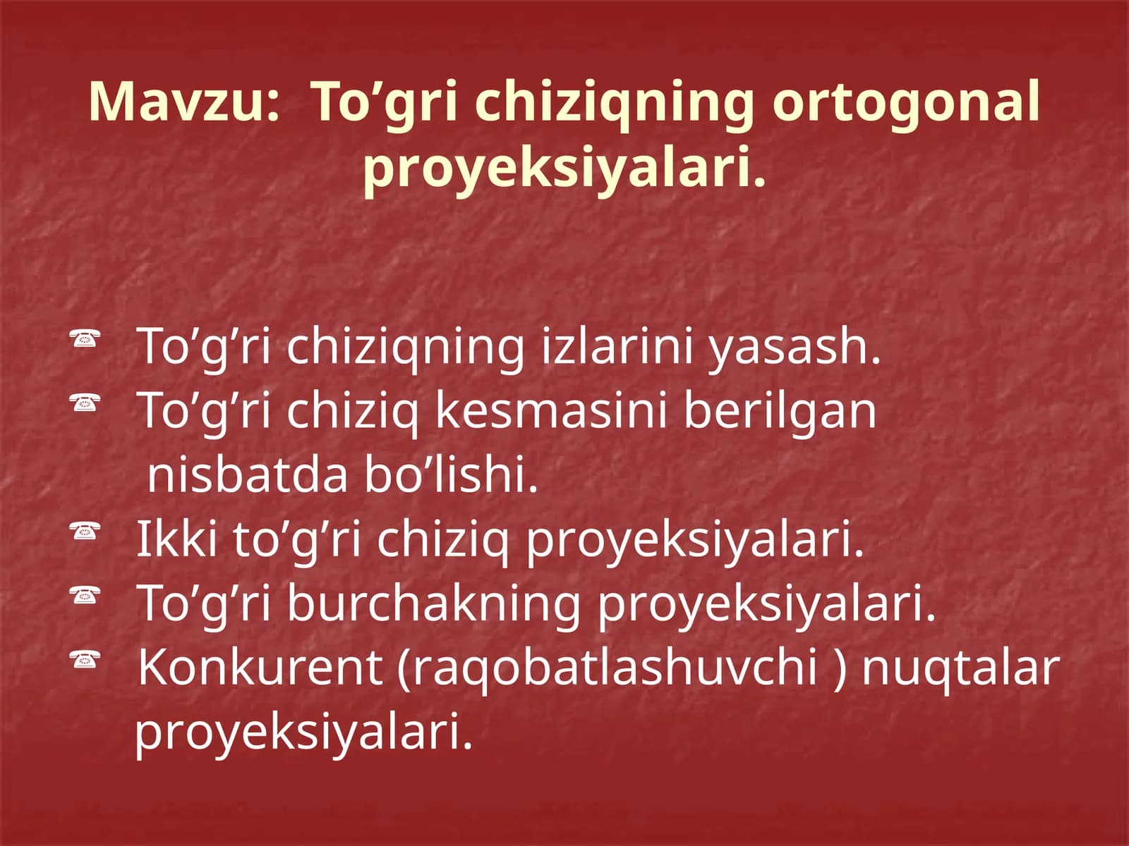 To’gri chiziqning ortoganal proyeksiyalari. To’gri chiziqning izlarini yasash