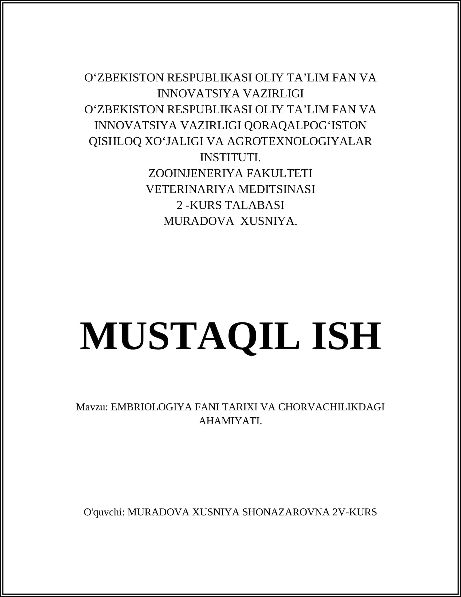 EMBRIOLOGIYA FANI TARIXI VA CHORVACHILIKDAGI AHAMIYATI