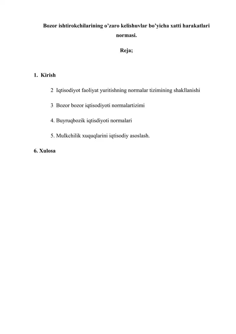 Bozor ishtirokchilarining o’zaro kelishuvlar bo’yicha xatti harakatlari normasi.