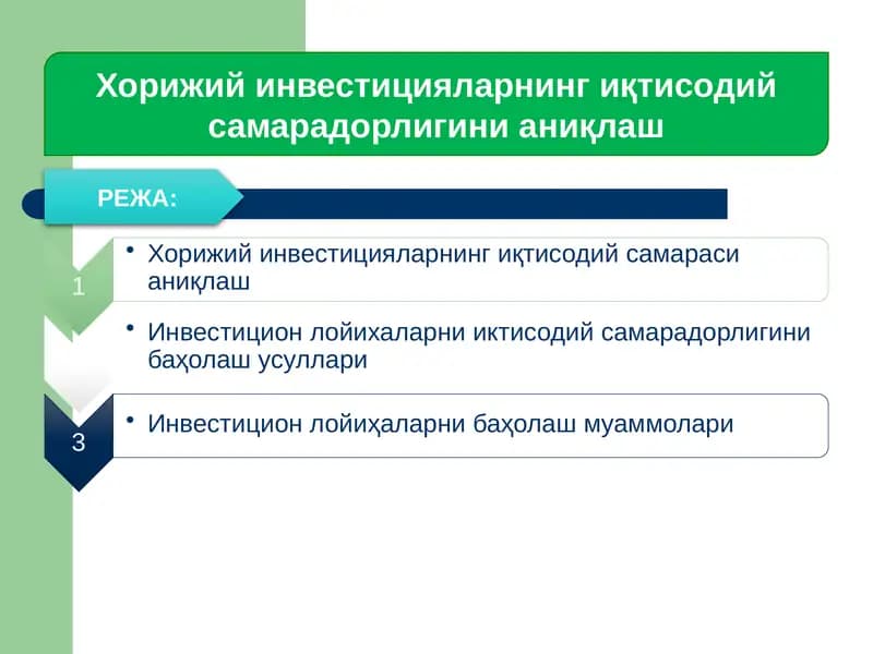 Хорижий инвестицияларнинг иқтисодий самарадорлигини аниқлаш