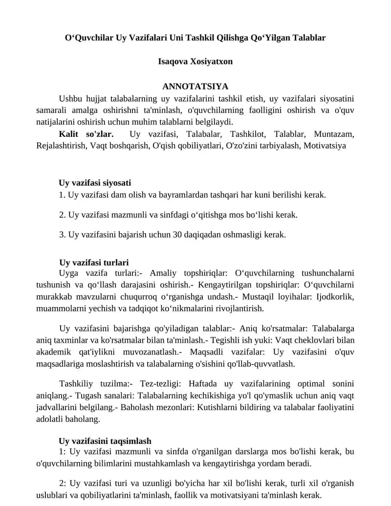 Uy Vazifalari Uni Tashkil Qilishga QoʻYilgan Talablar