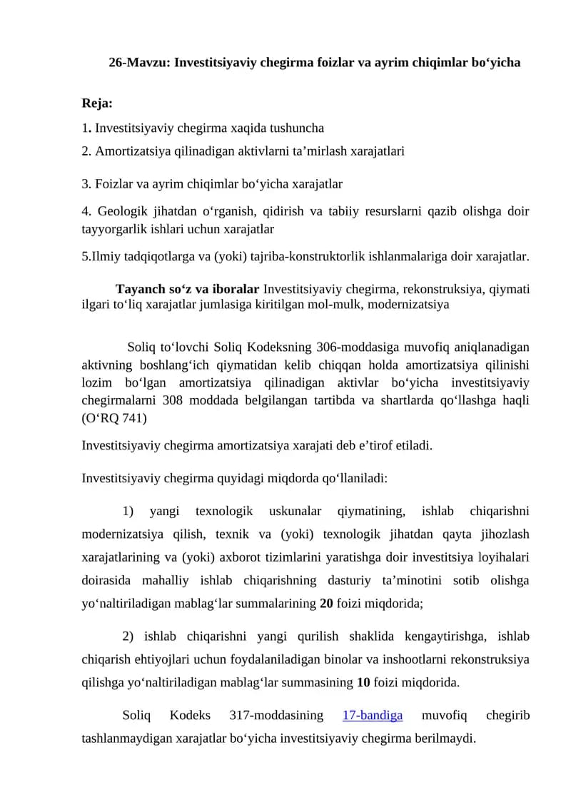 Investitsiyaviy chegirma foizlar va ayrim chiqimlar