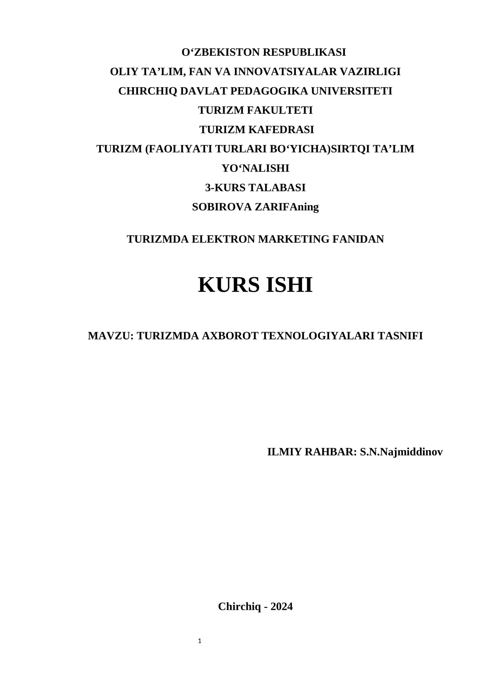 TURIZMDA ELEKTRON MARKETING FANIDAN KURS ISHI