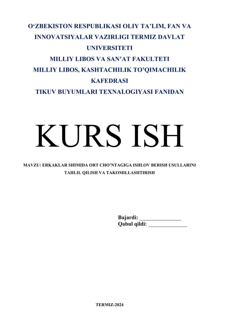 ERKAKLAR SHIMIDA ORT CHO’NTAGIGA ISHLOV BERISH USULLARINI TAHLIL QILISH VA TAKOMILLASHTIRISH