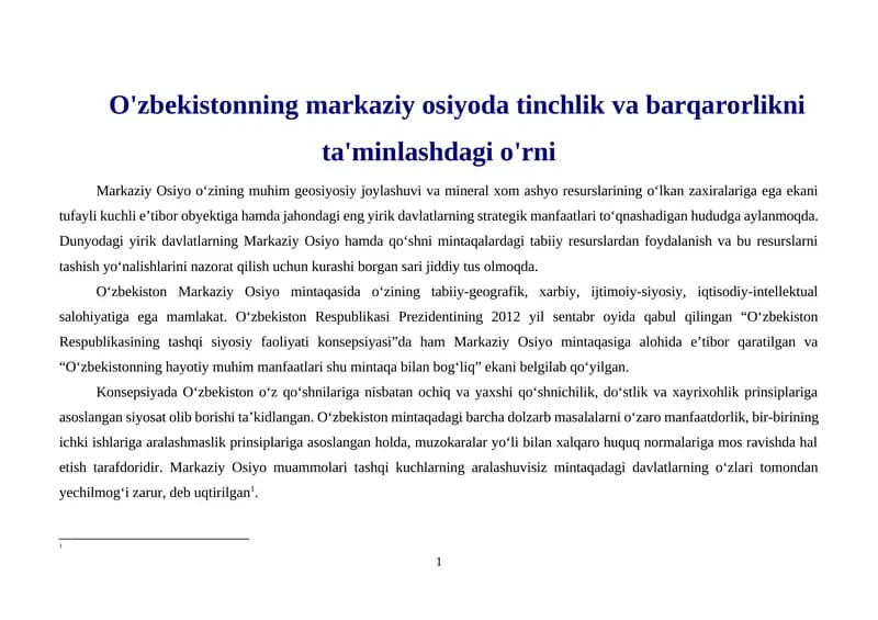 O'zbekistonning markaziy osiyoda tinchlik va barqarorlikni ta'minlashdagi o'rni