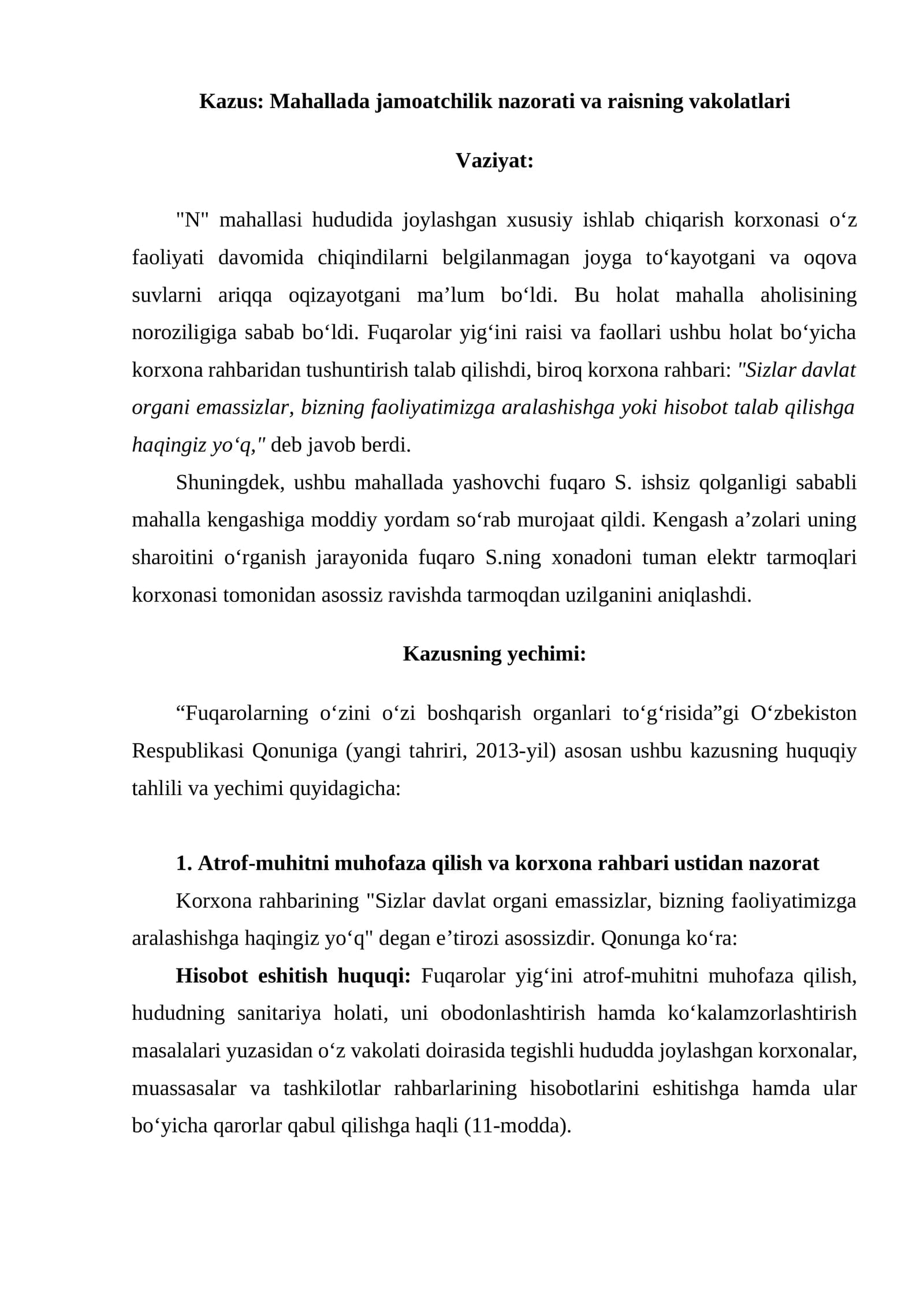 Mahallada jamoatchilik nazorati va raisning vakolatlari