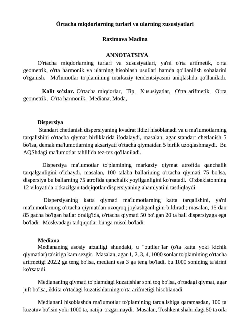 Òrtacha miqdorlarning turlari va ularning xususiyatlari