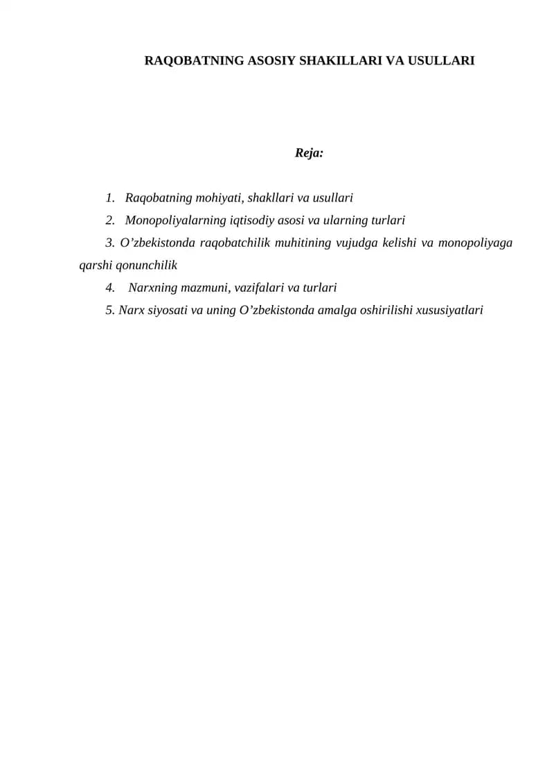 RAQOBATNING ASOSIY SHAKILLARI VA USULLARI