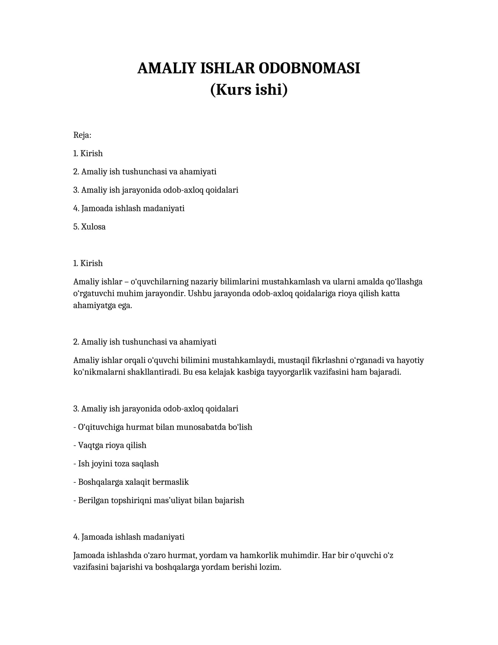 AMALIY ISHLAR ODOBNOMASI (Kurs ishi)
