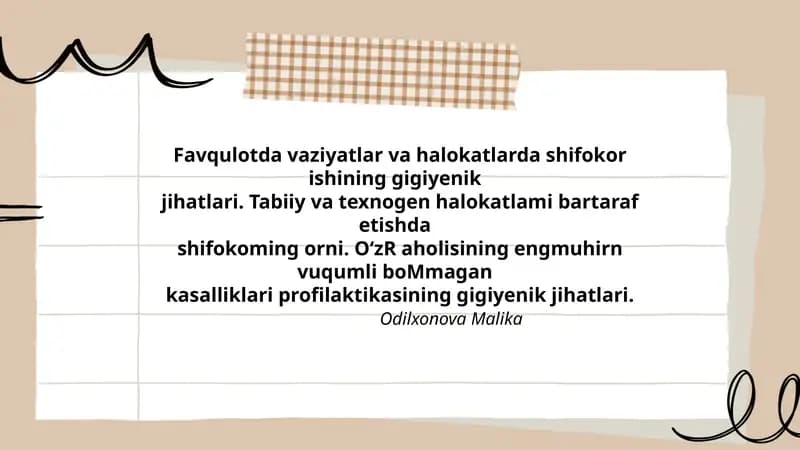 Favqulotda vaziyatlar va halokatlarda shifokor ishining gigiyenik