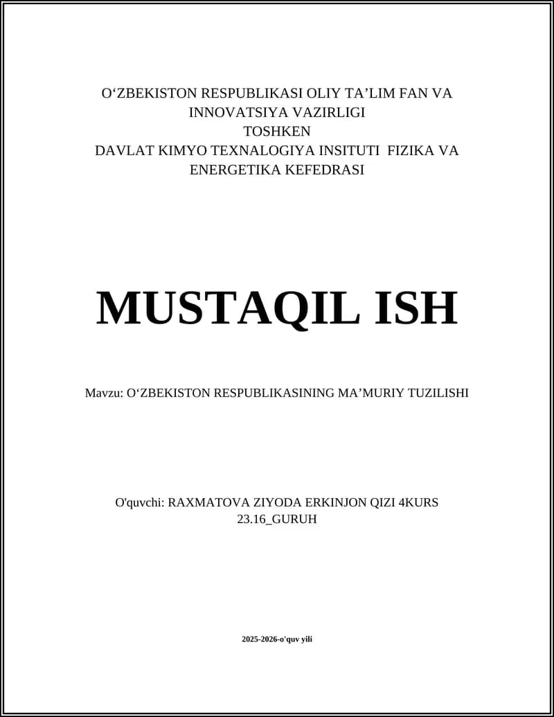 O'ZBEKISTON RESPUBLIKASINING MA’MURIY TUZILISHI