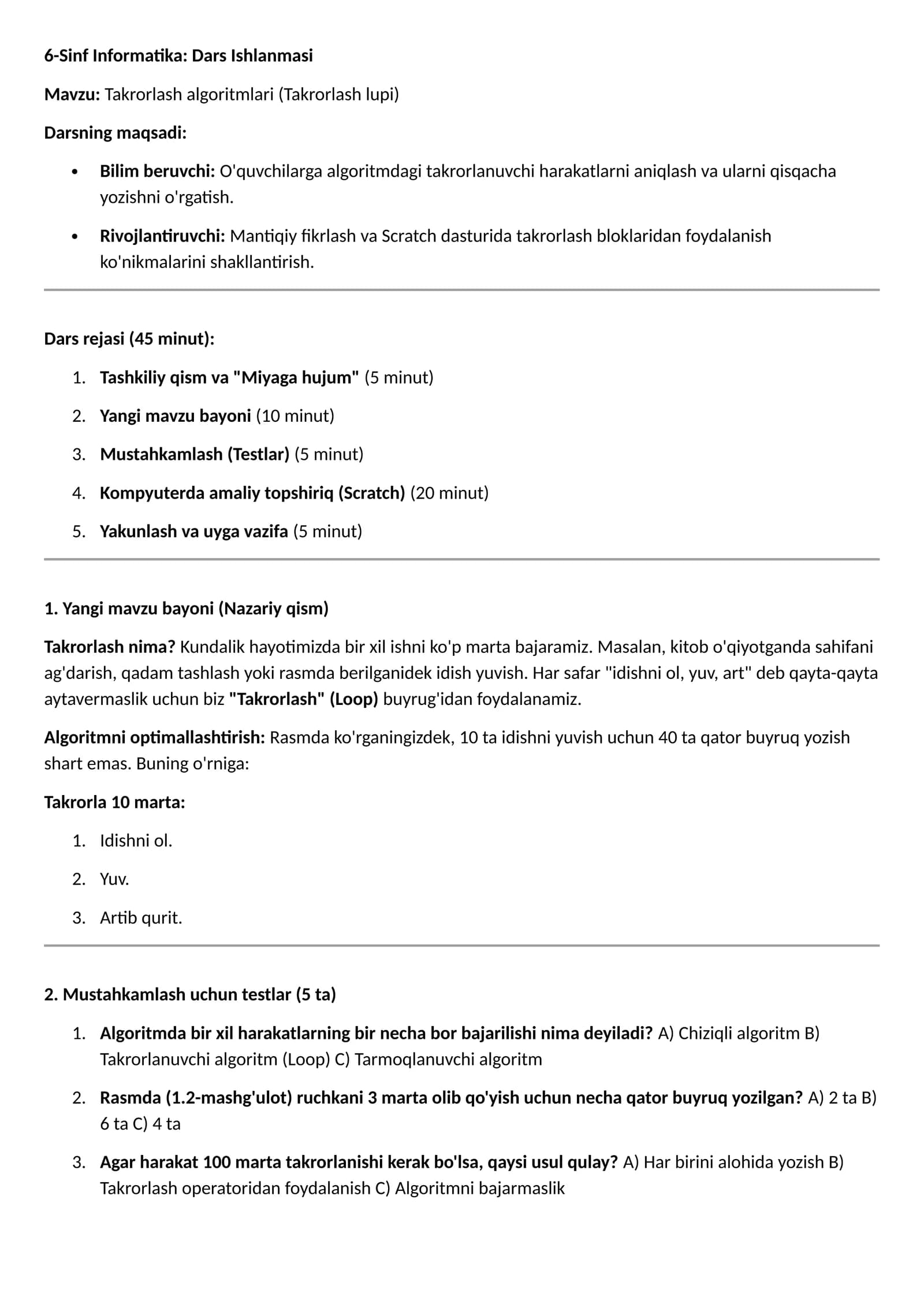 6-Sinf Informatika: Dars Ishlanmasi