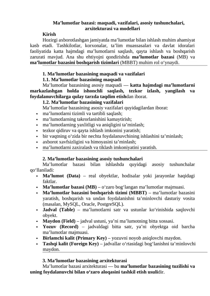 Ma’lumotlar bazasi: maqsadi, vazifalari, asosiy tushunchalari, arxitekturasi va modellari