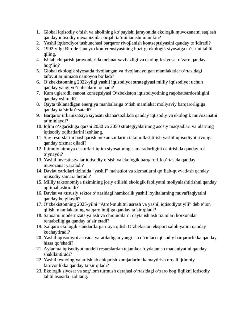 Global iqtisodiy o‘sish va aholining ko‘payishi jarayonida ekologik muvozanatni saqlash mexanizmlari