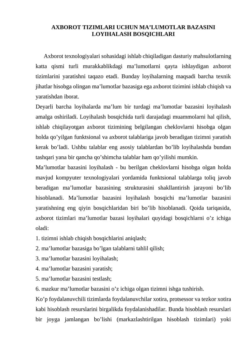 Axborot tizimlari uchun ma’lumotlar bazasini loyihalash bosqichlari