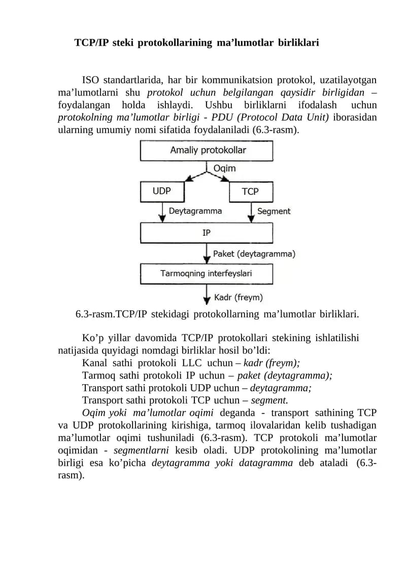 TCP/IP steki protokollarining ma’lumotlar birliklari