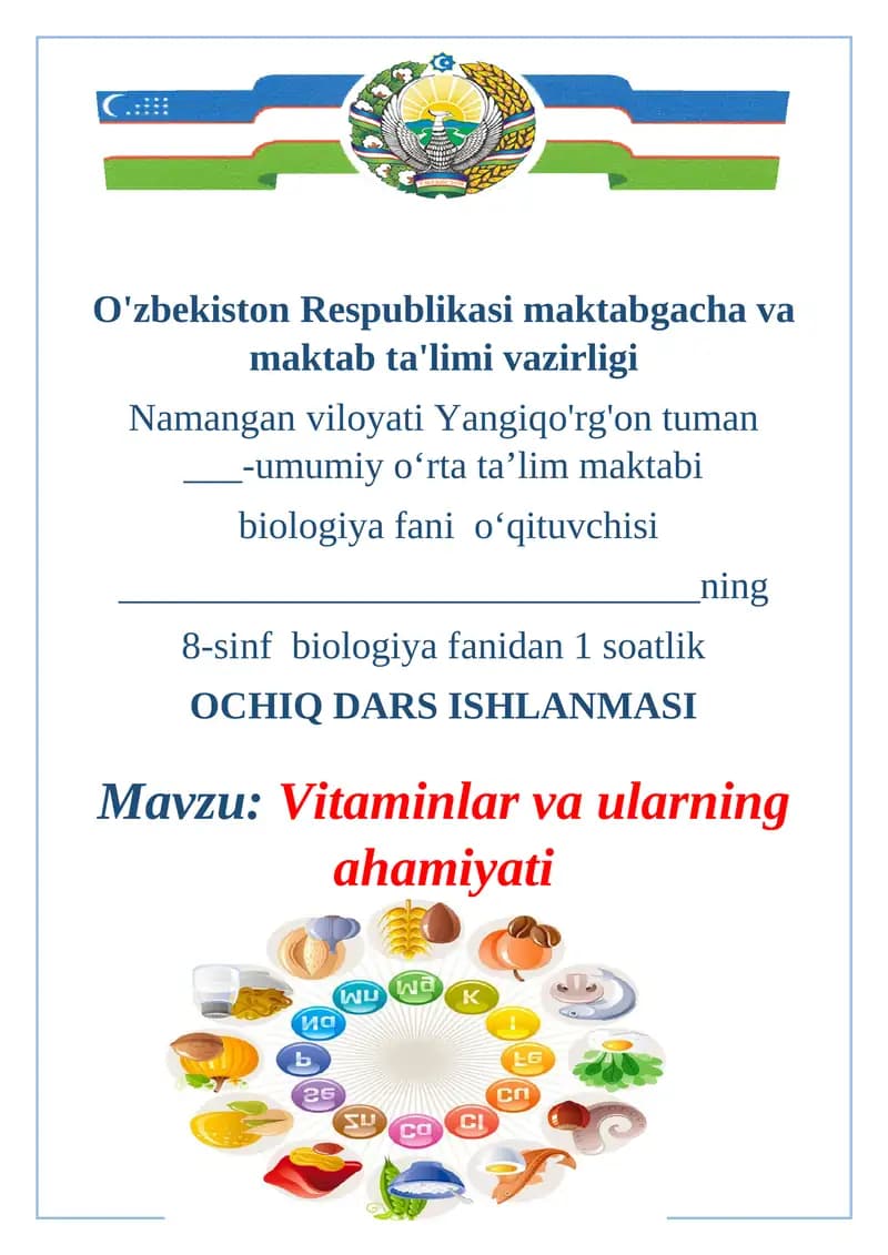 8-sinf biologiya fanidan 1 soatlik OCHIQ DARS ISHLANMASI